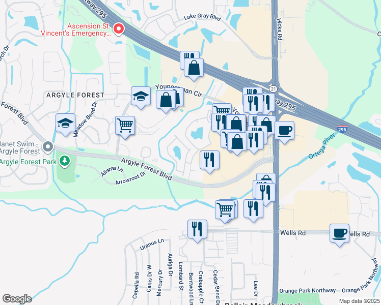 map of restaurants, bars, coffee shops, grocery stores, and more near 8550 Argyle Business Loop in Jacksonville