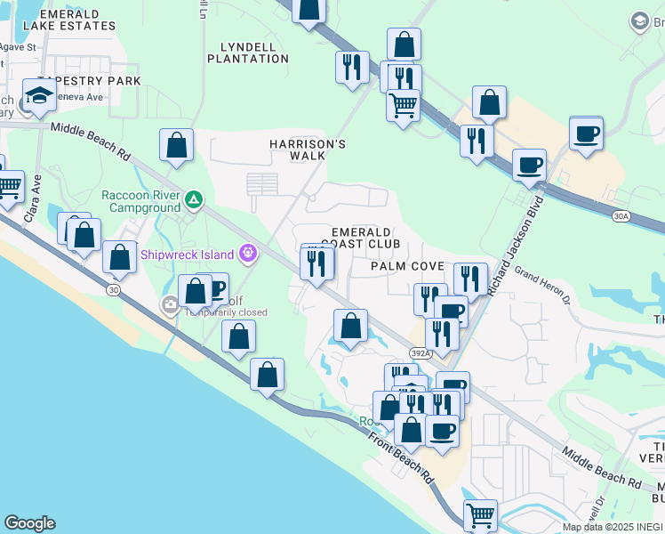 map of restaurants, bars, coffee shops, grocery stores, and more near 11501 Middle Beach Road in Panama City Beach