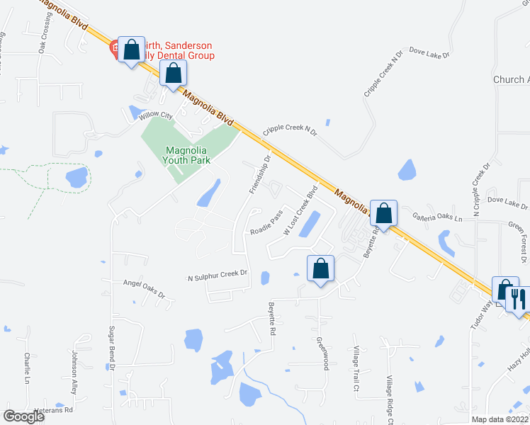 map of restaurants, bars, coffee shops, grocery stores, and more near 38446 East Sulphur Creek Drive in Magnolia
