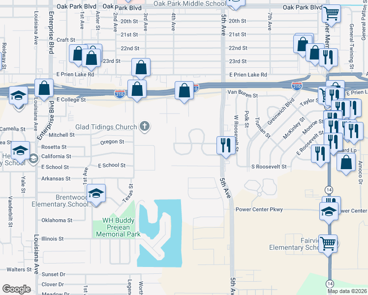map of restaurants, bars, coffee shops, grocery stores, and more near 2032 Willowick St in Lake Charles