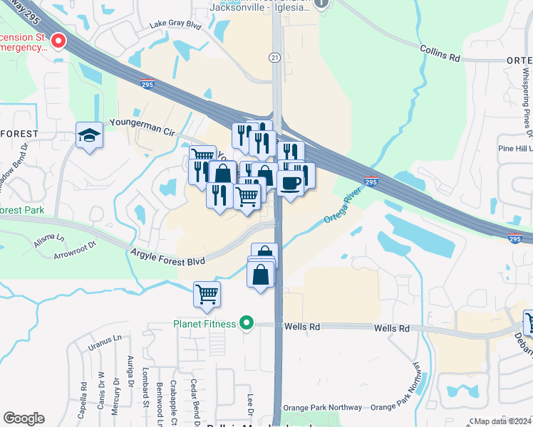 map of restaurants, bars, coffee shops, grocery stores, and more near 8500 Blanding Boulevard in Jacksonville