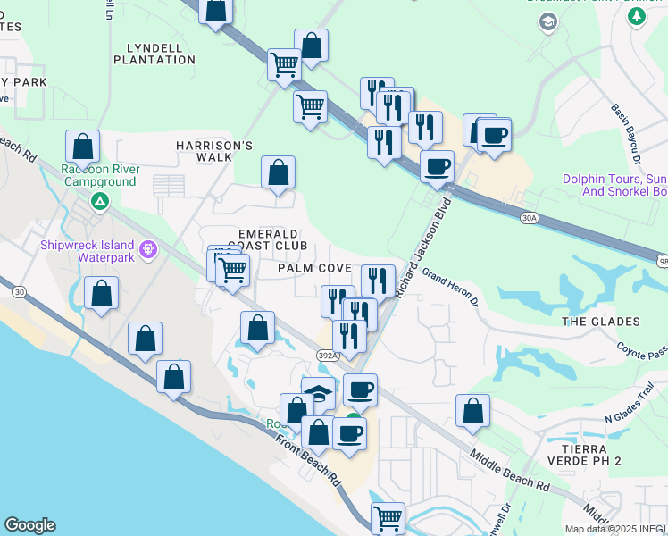 map of restaurants, bars, coffee shops, grocery stores, and more near 130 Seagrass Way in Panama City Beach
