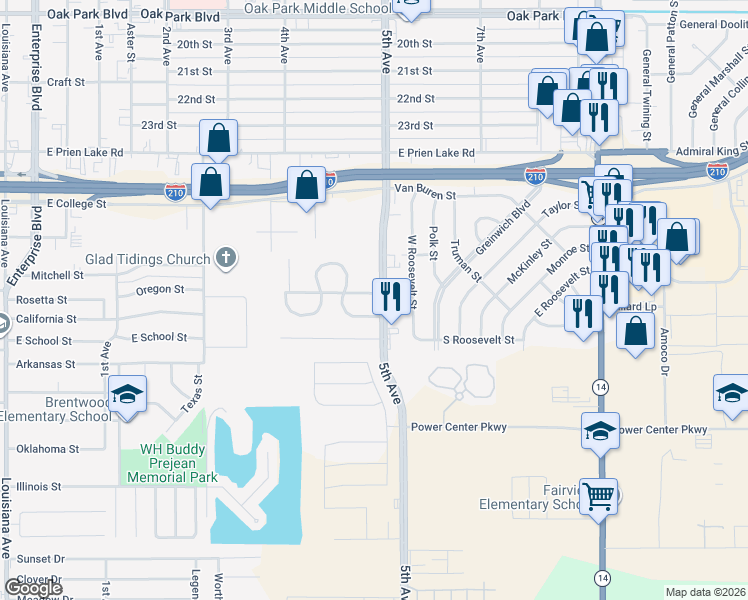 map of restaurants, bars, coffee shops, grocery stores, and more near 3501 5th Avenue in Lake Charles