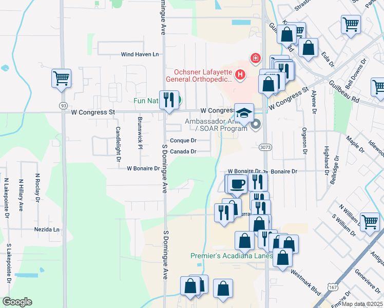 map of restaurants, bars, coffee shops, grocery stores, and more near 116 Canada Drive in Lafayette