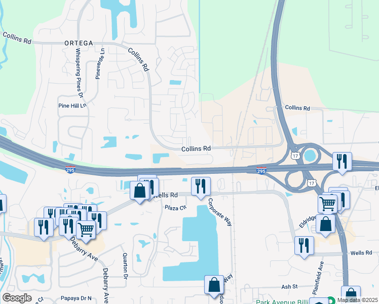 map of restaurants, bars, coffee shops, grocery stores, and more near 5041 Knightsbridge Circle North in Jacksonville