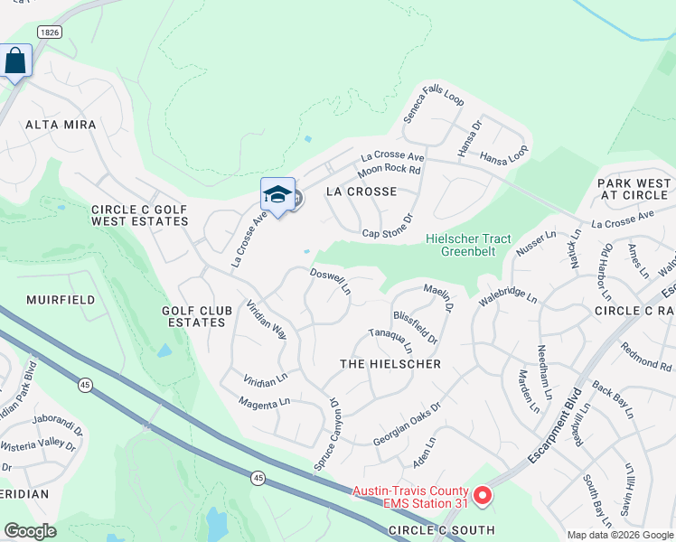 map of restaurants, bars, coffee shops, grocery stores, and more near 7308 Doswell Lane in Austin