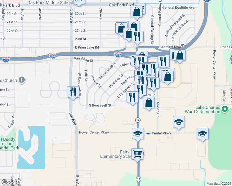 map of restaurants, bars, coffee shops, grocery stores, and more near 3538 Monroe Street in Lake Charles