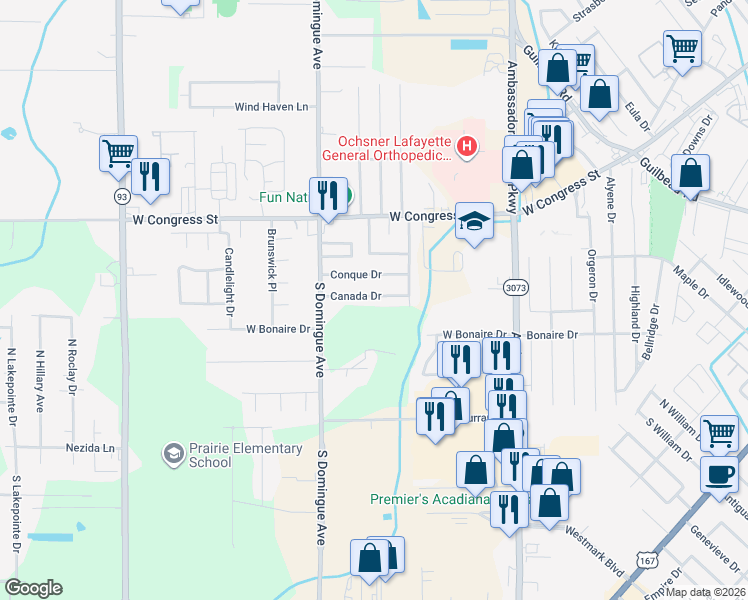map of restaurants, bars, coffee shops, grocery stores, and more near 122 Conque Drive in Lafayette