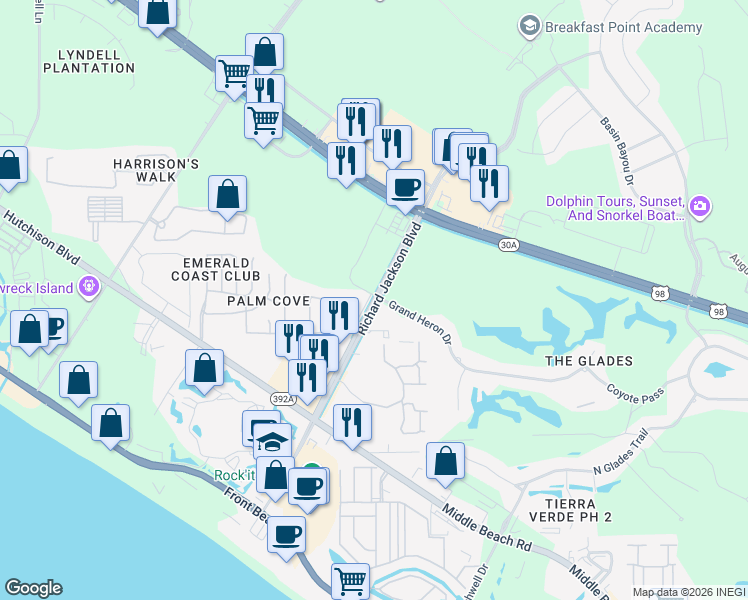 map of restaurants, bars, coffee shops, grocery stores, and more near 634 R Jackson Boulevard in Panama City Beach