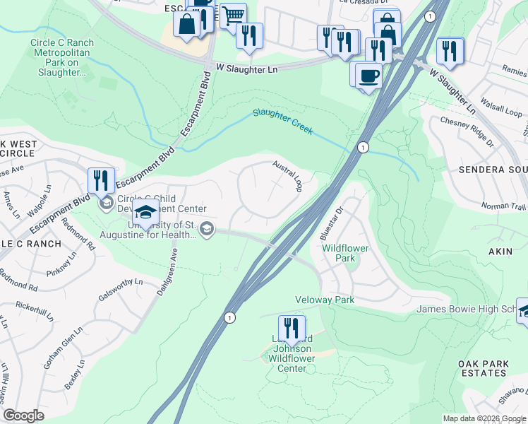 map of restaurants, bars, coffee shops, grocery stores, and more near 10022 Estancia Lane in Austin