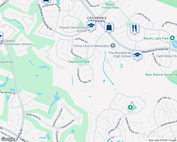 map of restaurants, bars, coffee shops, grocery stores, and more near 6 Lapwing Court in Spring