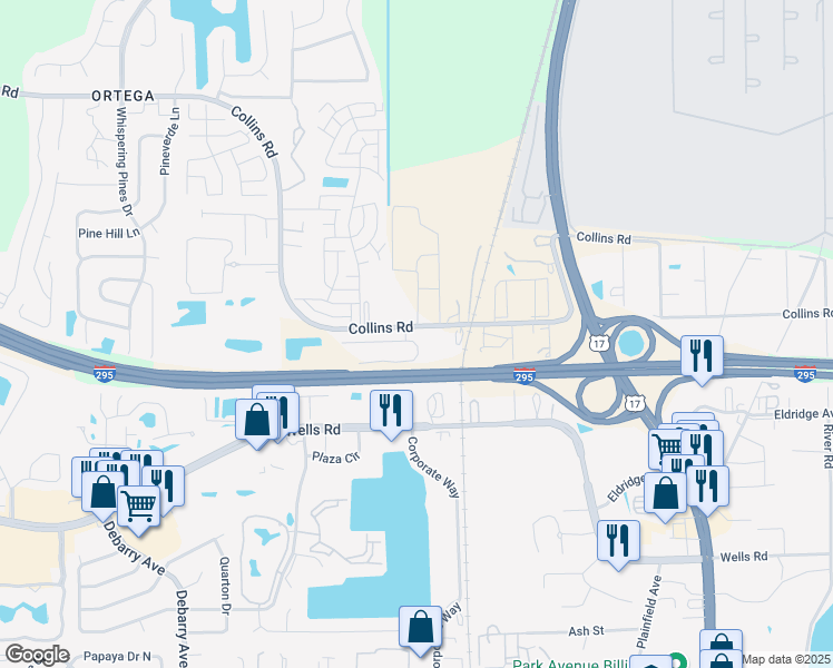 map of restaurants, bars, coffee shops, grocery stores, and more near 4925 Collins Road in Jacksonville