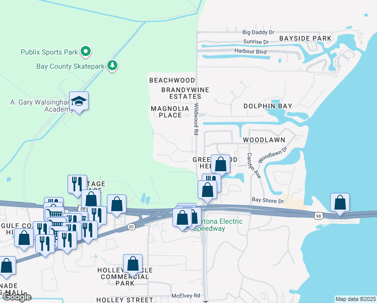 map of restaurants, bars, coffee shops, grocery stores, and more near 338 Emerald Cove Street in Panama City Beach