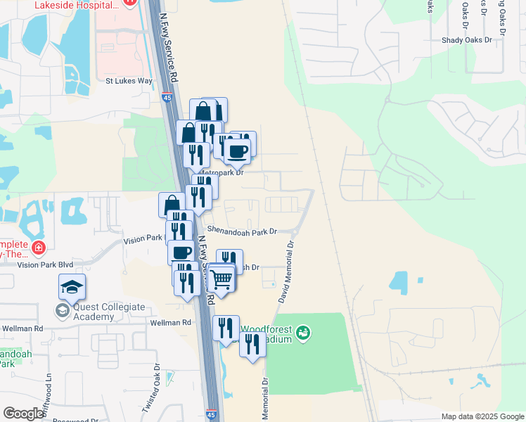 map of restaurants, bars, coffee shops, grocery stores, and more near 8787 Shenandoah Park Drive in Shenandoah