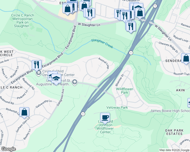 map of restaurants, bars, coffee shops, grocery stores, and more near 10022 Estancia Lane in Austin