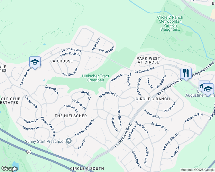 map of restaurants, bars, coffee shops, grocery stores, and more near 6516 Nusser Lane in Austin