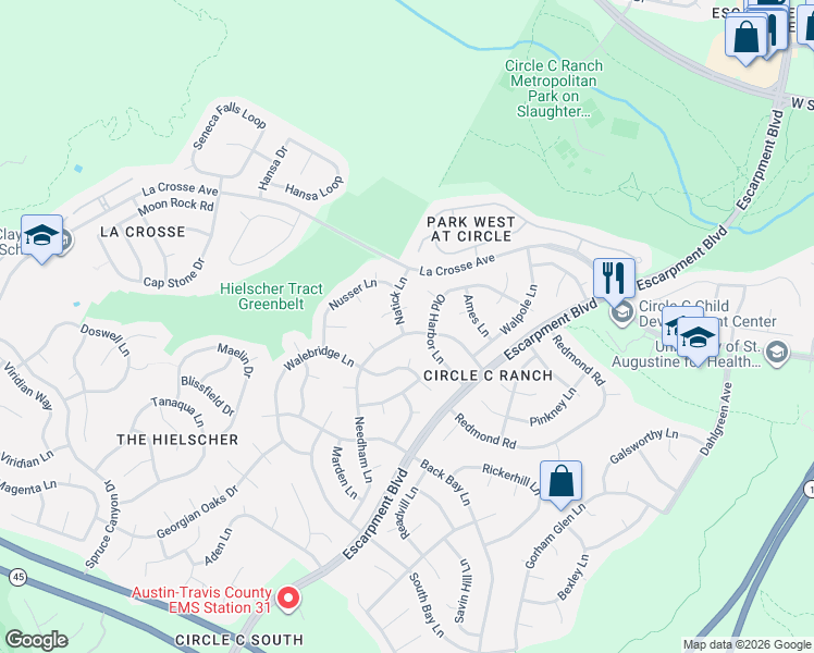 map of restaurants, bars, coffee shops, grocery stores, and more near 6408 Needham Lane in Austin