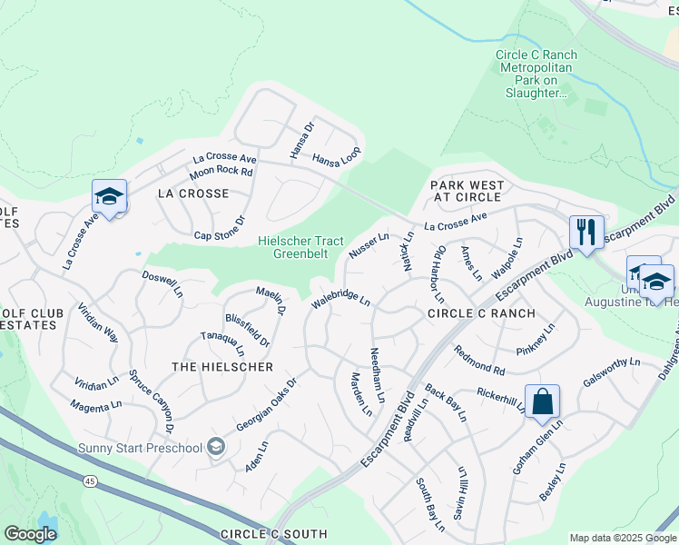 map of restaurants, bars, coffee shops, grocery stores, and more near 6516 Nusser Lane in Austin