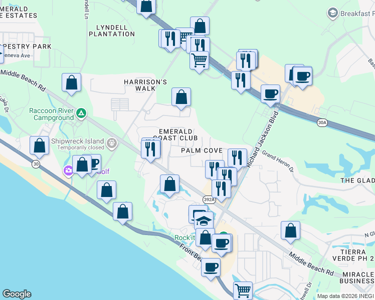 map of restaurants, bars, coffee shops, grocery stores, and more near 11724 Seashore Lane in Panama City Beach