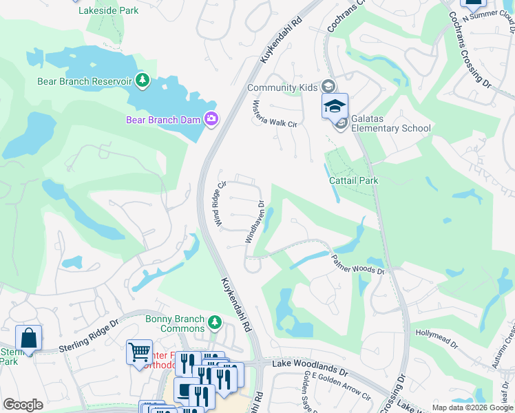 map of restaurants, bars, coffee shops, grocery stores, and more near 10 Hillside View Place in Spring