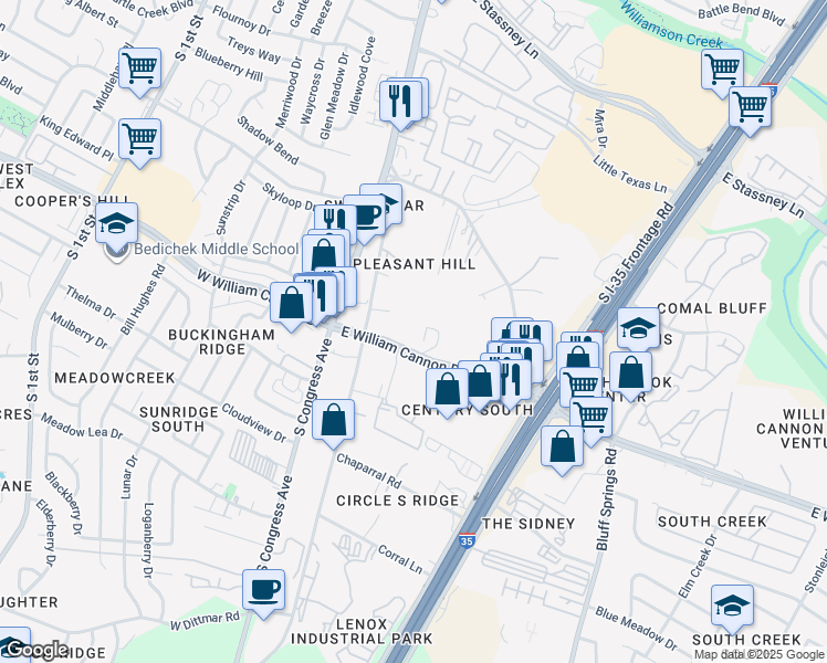map of restaurants, bars, coffee shops, grocery stores, and more near 406 East William Cannon Drive in Austin