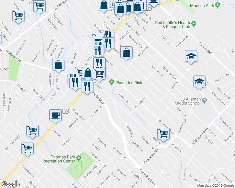 map of restaurants, bars, coffee shops, grocery stores, and more near 101 Alonda Drive in Lafayette