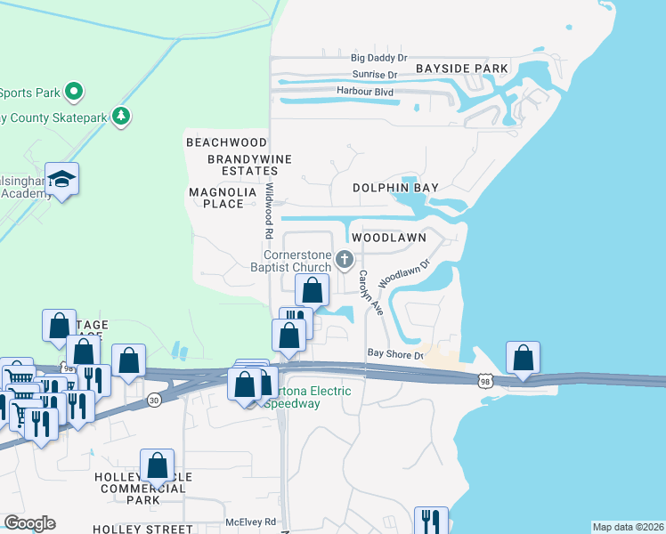 map of restaurants, bars, coffee shops, grocery stores, and more near 109 Greenwood Drive in Panama City