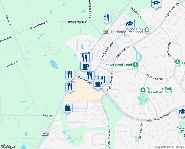 map of restaurants, bars, coffee shops, grocery stores, and more near 10910 Montfair Boulevard in Spring