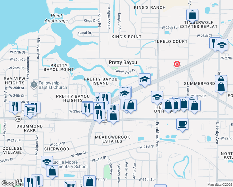 map of restaurants, bars, coffee shops, grocery stores, and more near 2652 Pretty Bayou Island Drive in Panama City