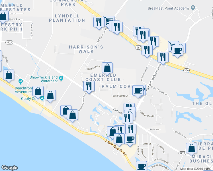 map of restaurants, bars, coffee shops, grocery stores, and more near 11809 Seashore Lane in Panama City Beach