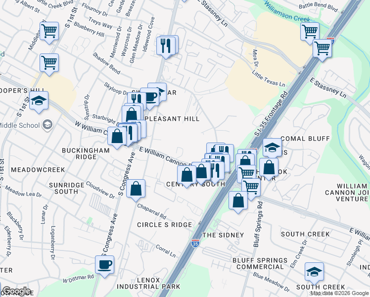 map of restaurants, bars, coffee shops, grocery stores, and more near 4712 East William Cannon Drive in Austin