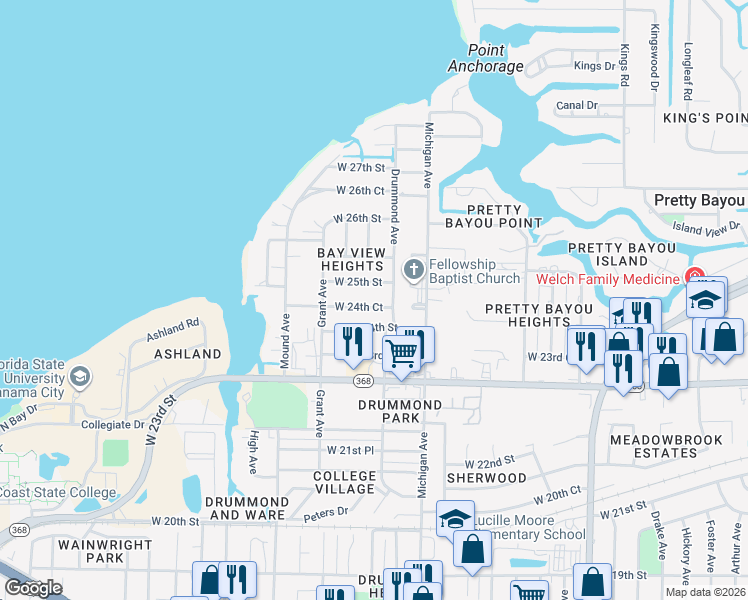map of restaurants, bars, coffee shops, grocery stores, and more near 4002 West 24th Court in Panama City