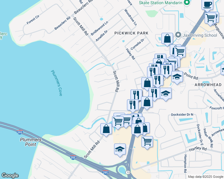 map of restaurants, bars, coffee shops, grocery stores, and more near 2861 Evercharm Place in Jacksonville