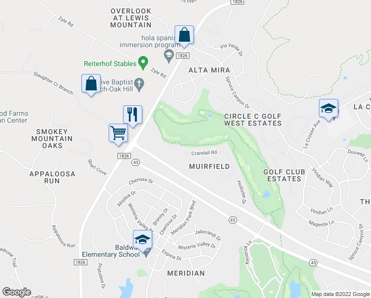 map of restaurants, bars, coffee shops, grocery stores, and more near 7916 Crandall Road in Austin