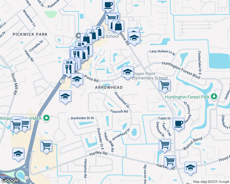 map of restaurants, bars, coffee shops, grocery stores, and more near 10152 Arrowhead Drive in Jacksonville