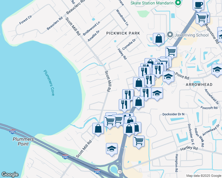 map of restaurants, bars, coffee shops, grocery stores, and more near 2908 Evercharm Place East in Jacksonville