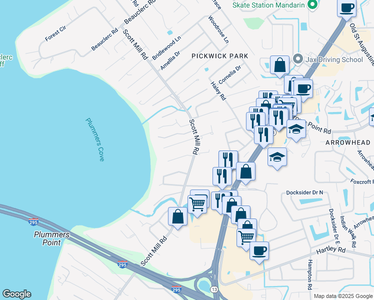 map of restaurants, bars, coffee shops, grocery stores, and more near 2861 Evercharm Place in Jacksonville