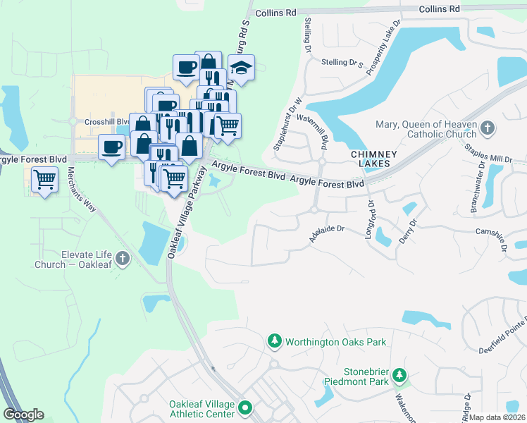 map of restaurants, bars, coffee shops, grocery stores, and more near 9596 Maidstone Mill Drive West in Jacksonville