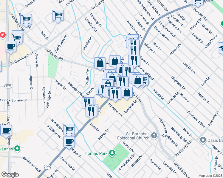 map of restaurants, bars, coffee shops, grocery stores, and more near 199 Birch Dr in Lafayette