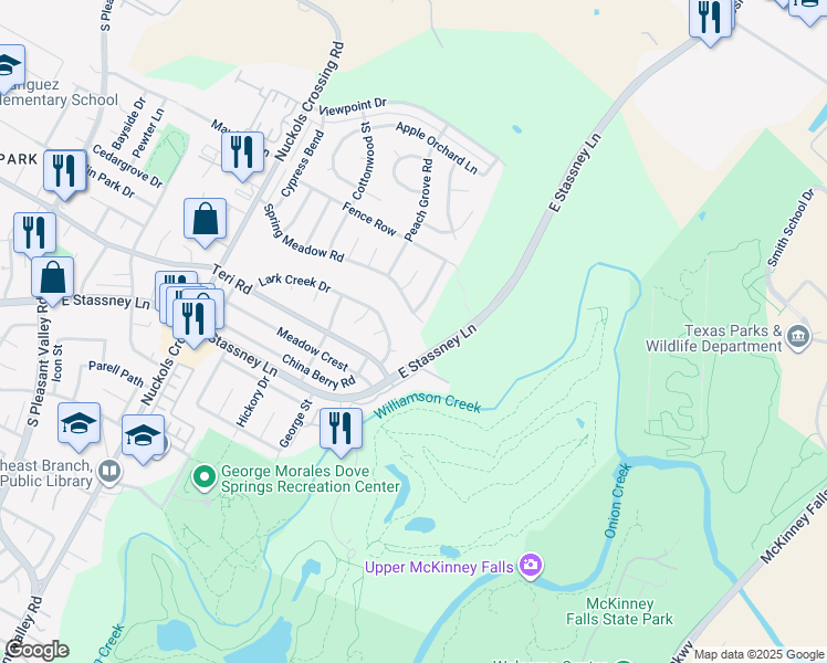 map of restaurants, bars, coffee shops, grocery stores, and more near 5810 Spring Meadow Road in Austin
