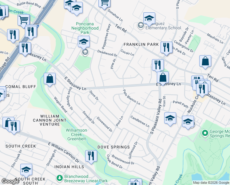 map of restaurants, bars, coffee shops, grocery stores, and more near 2429 East Stassney Lane in Austin