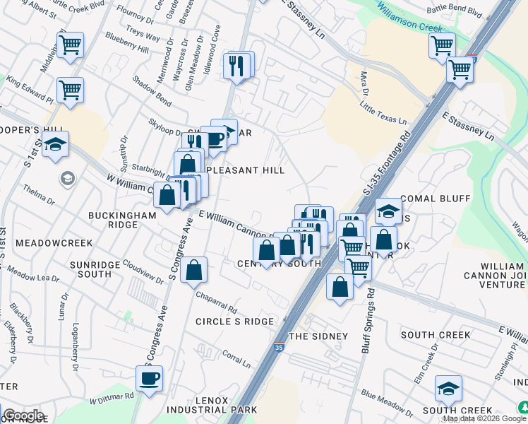 map of restaurants, bars, coffee shops, grocery stores, and more near 4712 East William Cannon Drive in Austin