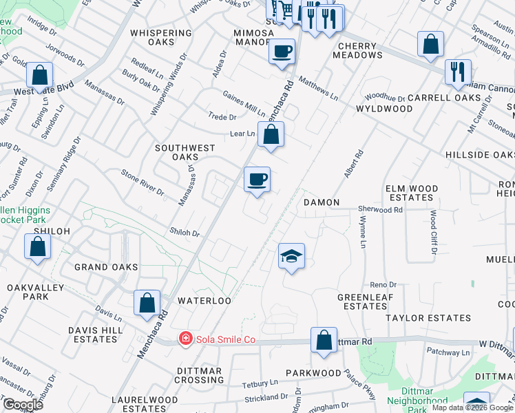 map of restaurants, bars, coffee shops, grocery stores, and more near 7731 Menchaca Road in Austin
