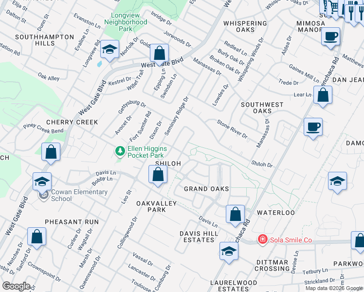 map of restaurants, bars, coffee shops, grocery stores, and more near 8300 Alabama Drive in Austin
