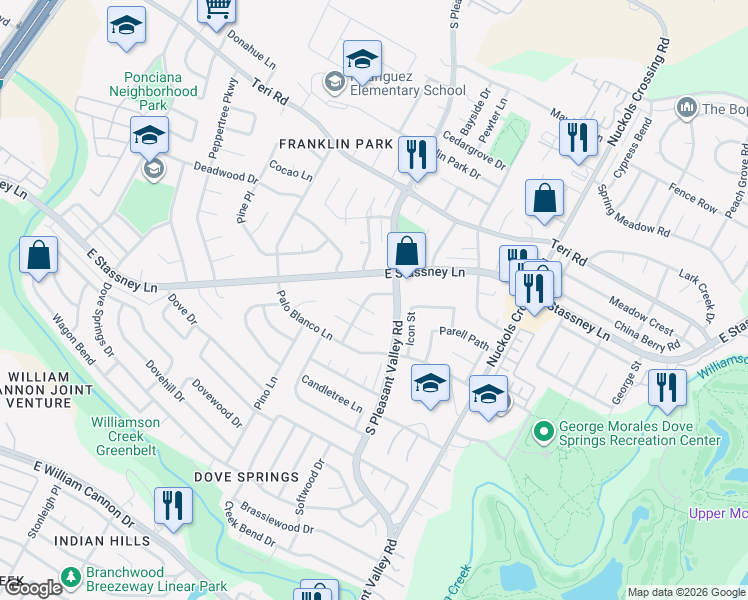 map of restaurants, bars, coffee shops, grocery stores, and more near 5501 Village Lane in Austin