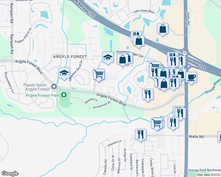 map of restaurants, bars, coffee shops, grocery stores, and more near 8502 Sturbridge Circle East in Jacksonville