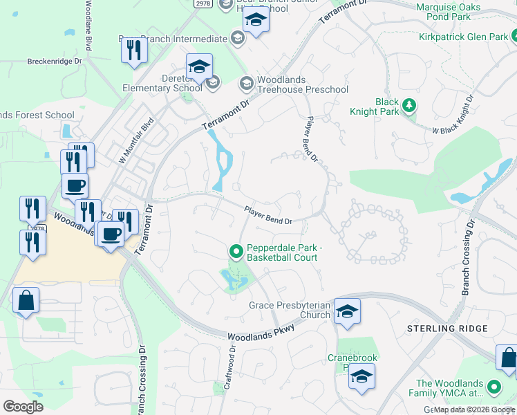 map of restaurants, bars, coffee shops, grocery stores, and more near 54 East Ambassador Bend in The Woodlands