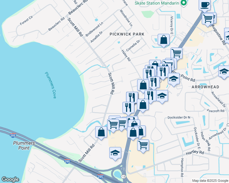 map of restaurants, bars, coffee shops, grocery stores, and more near 2908 Evercharm Place East in Jacksonville