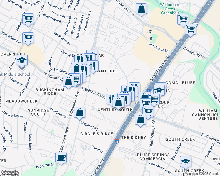 map of restaurants, bars, coffee shops, grocery stores, and more near 4712 East William Cannon Drive in Austin