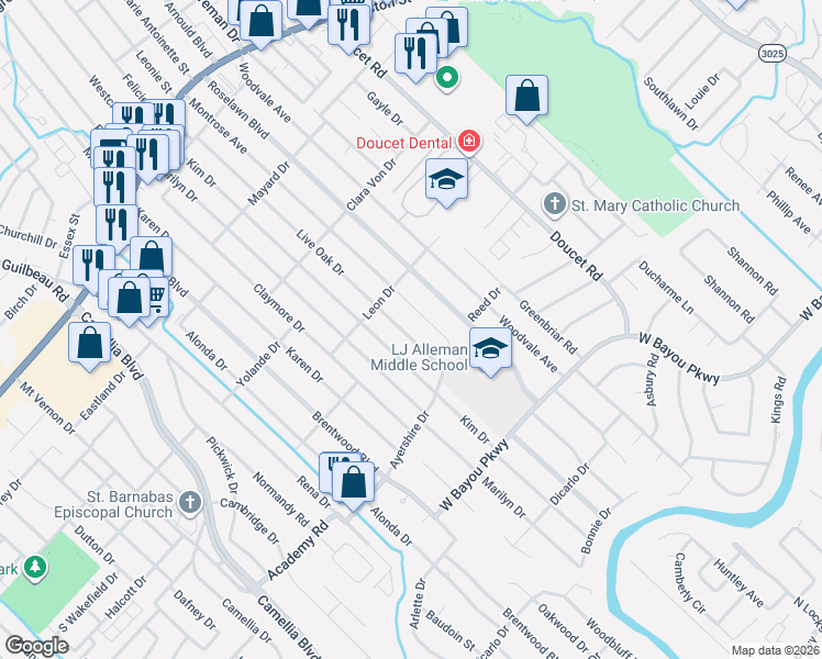 map of restaurants, bars, coffee shops, grocery stores, and more near 405 Live Oak Drive in Lafayette